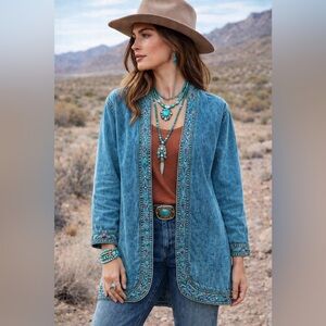 Vintage Sundance Southwestern Embroidered Denim Jacket Open Front Size S USA